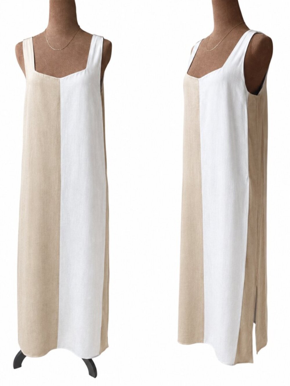 Haven Well Within 100% Linen Colorblock Maxi Dress Tan White – M
